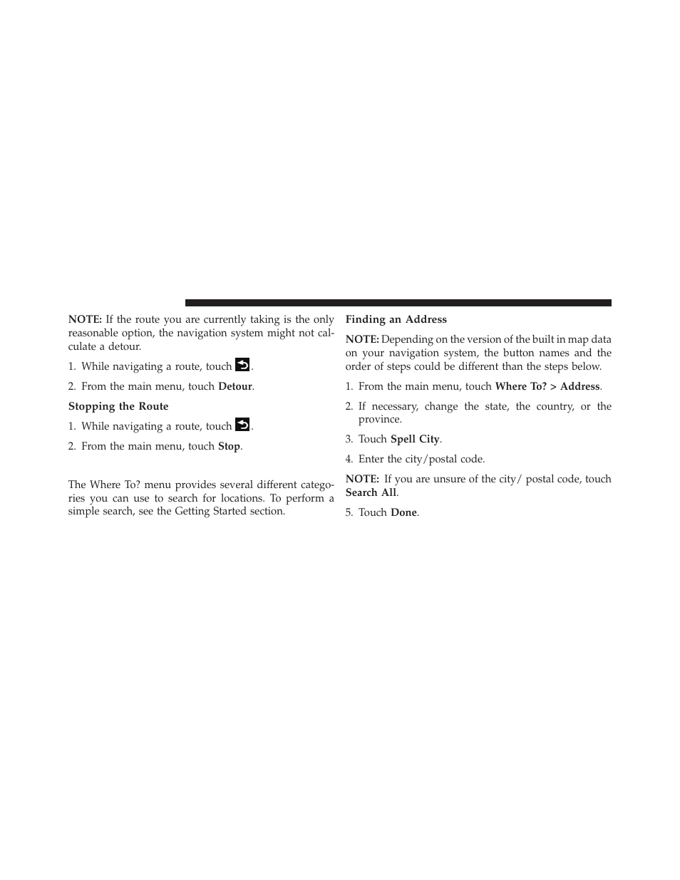 Stopping the route, Finding locations, Finding an address | Dodge 2013 Dart - Uconnect Manual User Manual | Page 85 / 140