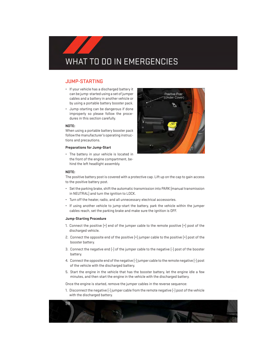 Jump-starting, Preparations for jump-start, Jump-starting procedure | What to do in emergencies | Dodge 2013 Dart - User Guide User Manual | Page 100 / 132