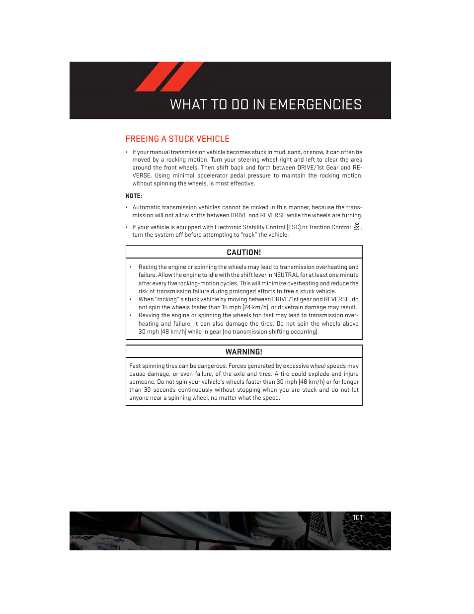 Freeing a stuck vehicle, What to do in emergencies | Dodge 2013 Dart - User Guide User Manual | Page 103 / 132