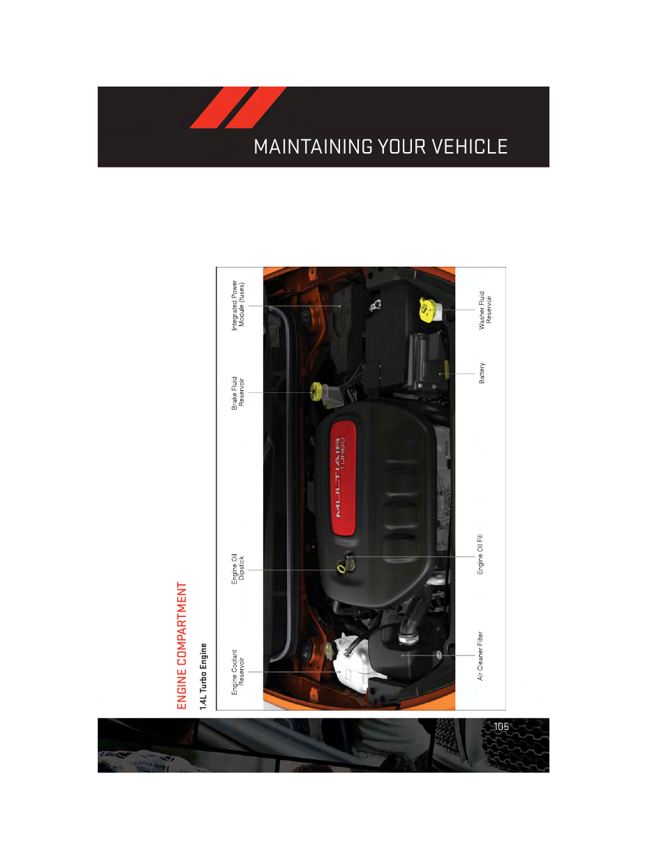 Engine compartment, 4l turbo engine, Maintaining your vehicle | Dodge 2013 Dart - User Guide User Manual | Page 107 / 132