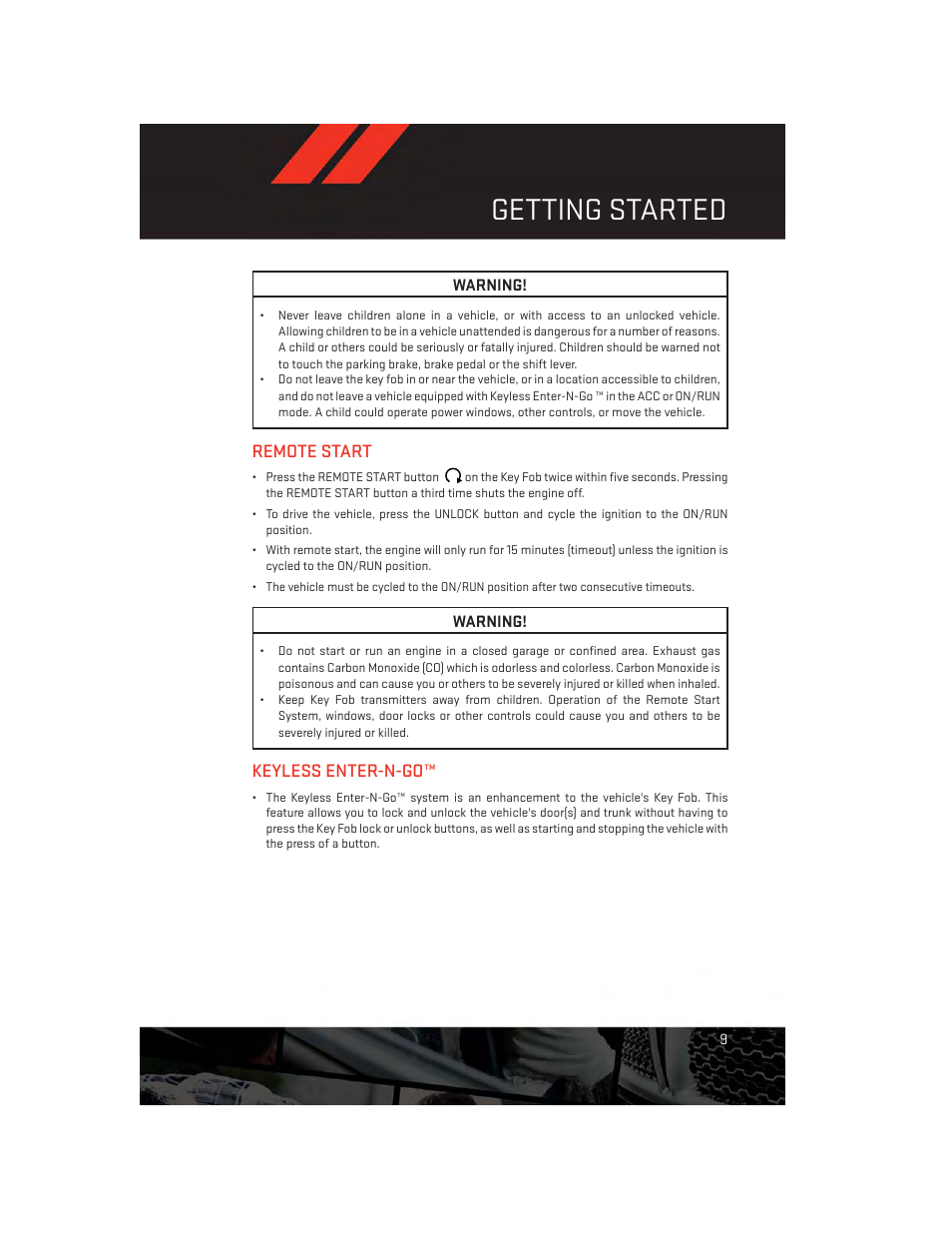 Remote start, Keyless enter-n-go, Getting started | Dodge 2013 Dart - User Guide User Manual | Page 11 / 132