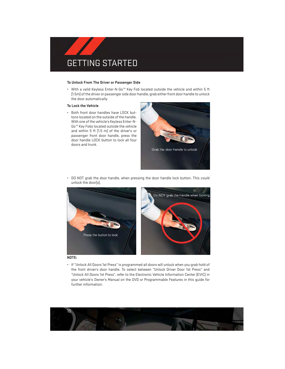 To unlock from the driver or passenger side, To lock the vehicle, Getting started | Dodge 2013 Dart - User Guide User Manual | Page 12 / 132