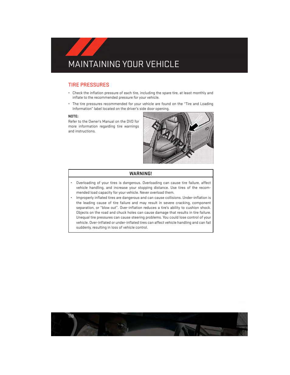 Tire pressures, Maintaining your vehicle | Dodge 2013 Dart - User Guide User Manual | Page 120 / 132