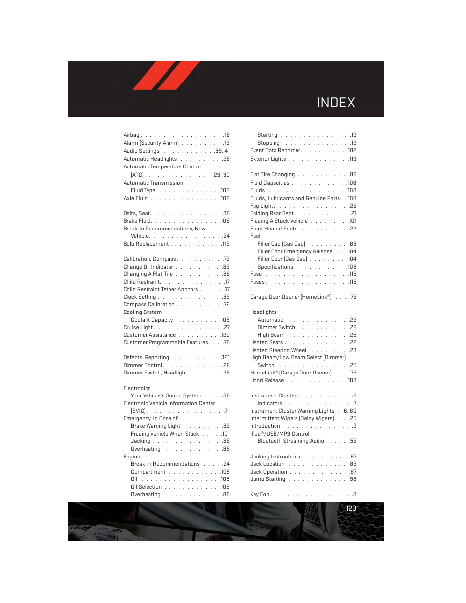 Index | Dodge 2013 Dart - User Guide User Manual | Page 125 / 132