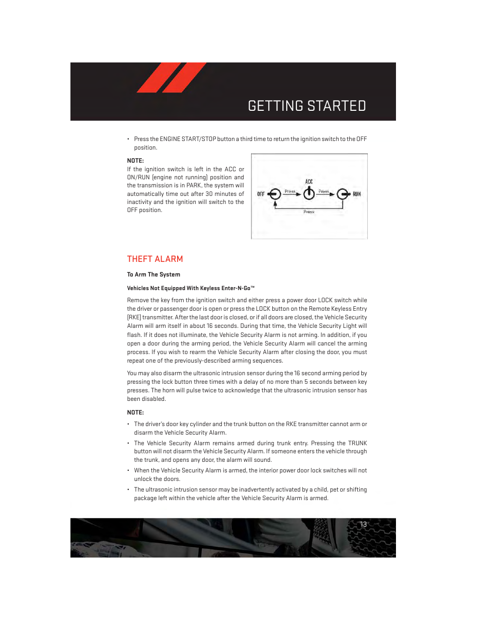 Theft alarm, To arm the system, Getting started | Dodge 2013 Dart - User Guide User Manual | Page 15 / 132