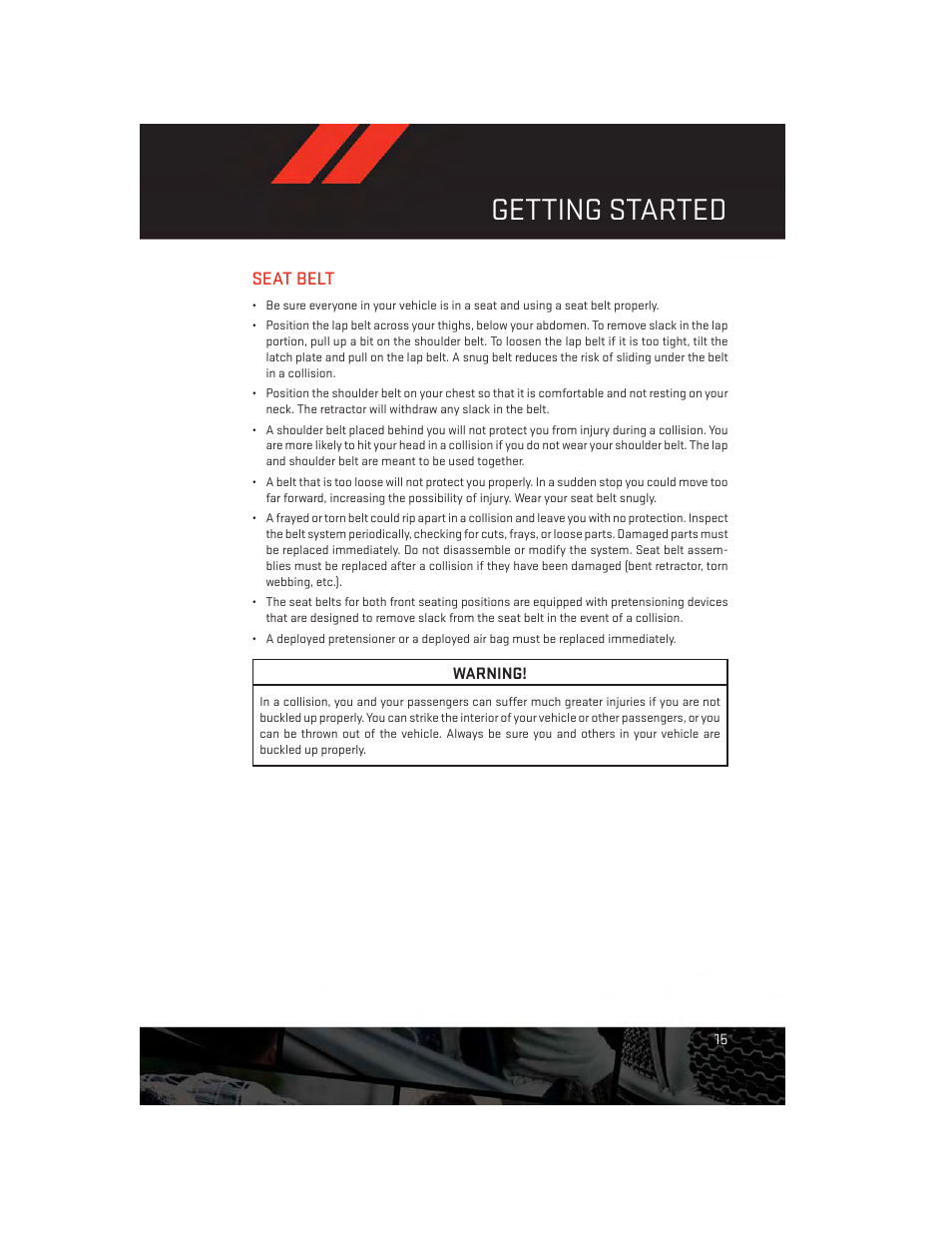 Seat belt, Getting started | Dodge 2013 Dart - User Guide User Manual | Page 17 / 132
