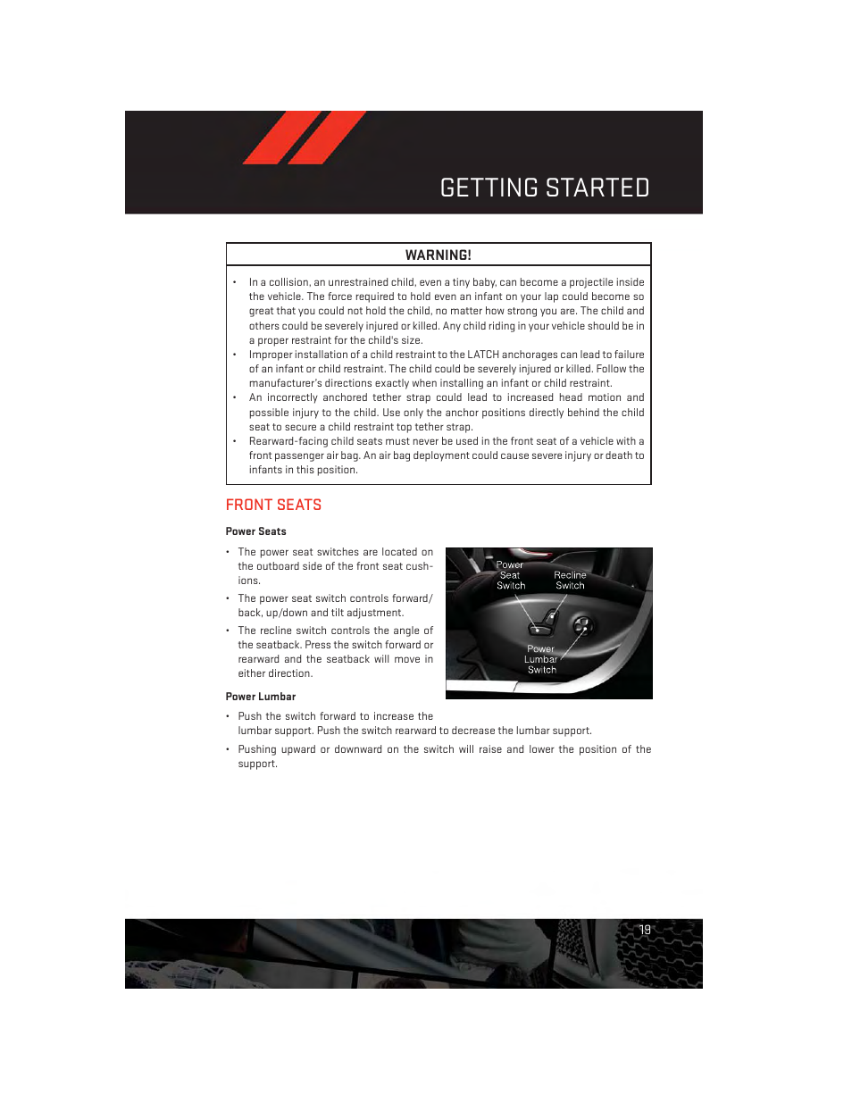 Front seats, Power seats, Power lumbar | Getting started | Dodge 2013 Dart - User Guide User Manual | Page 21 / 132