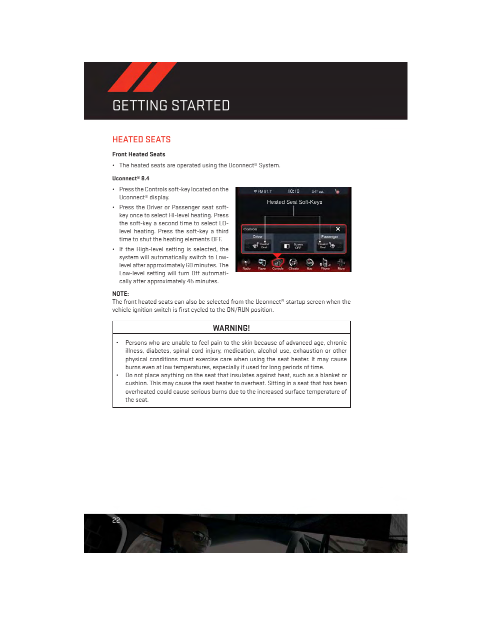 Heated seats, Front heated seats, Getting started | Dodge 2013 Dart - User Guide User Manual | Page 24 / 132