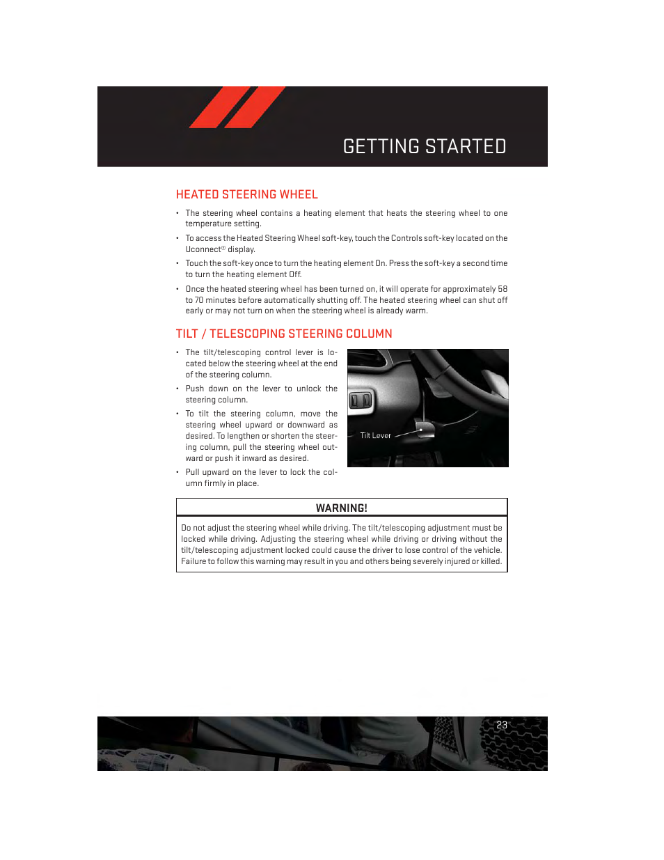 Heated steering wheel, Tilt / telescoping steering column, Getting started | Dodge 2013 Dart - User Guide User Manual | Page 25 / 132