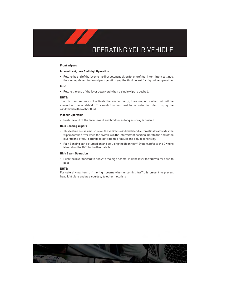 Front wipers, High beam operation, Operating your vehicle | Dodge 2013 Dart - User Guide User Manual | Page 27 / 132