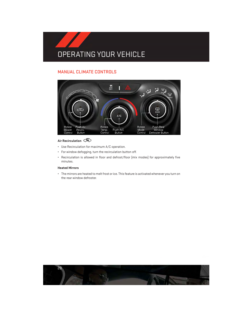 Manual climate controls, Air recirculation, Heated mirrors | Operating your vehicle | Dodge 2013 Dart - User Guide User Manual | Page 30 / 132