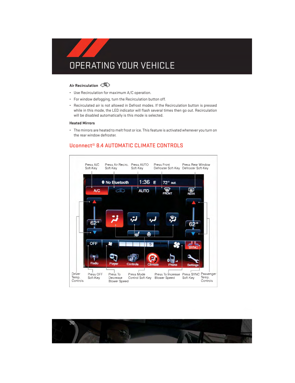 Air recirculation, Heated mirrors, Uconnect® 8.4 automatic climate controls | Operating your vehicle | Dodge 2013 Dart - User Guide User Manual | Page 32 / 132