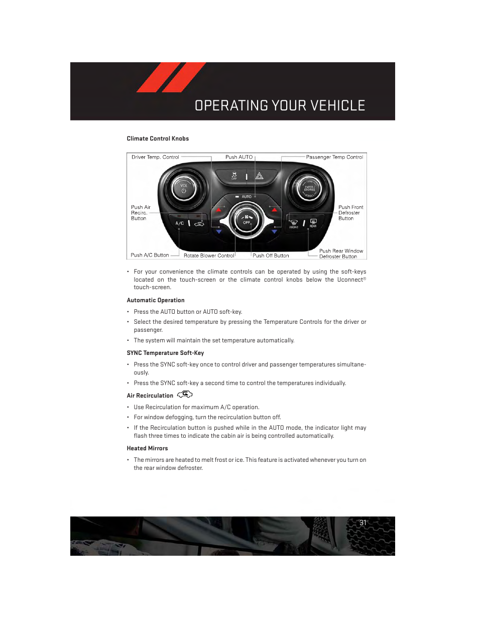 Climate control knobs, Automatic operation, Sync temperature soft-key | Air recirculation, Heated mirrors, Operating your vehicle | Dodge 2013 Dart - User Guide User Manual | Page 33 / 132
