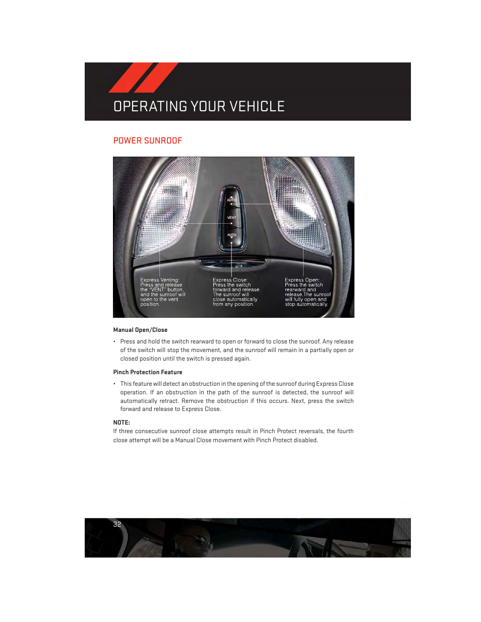 Power sunroof, Manual open/close, Pinch protection feature | Operating your vehicle | Dodge 2013 Dart - User Guide User Manual | Page 34 / 132
