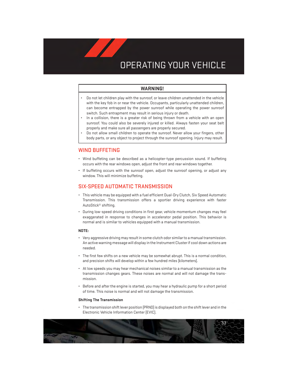 Wind buffeting, Six-speed automatic transmission, Shifting the transmission | Operating your vehicle | Dodge 2013 Dart - User Guide User Manual | Page 35 / 132