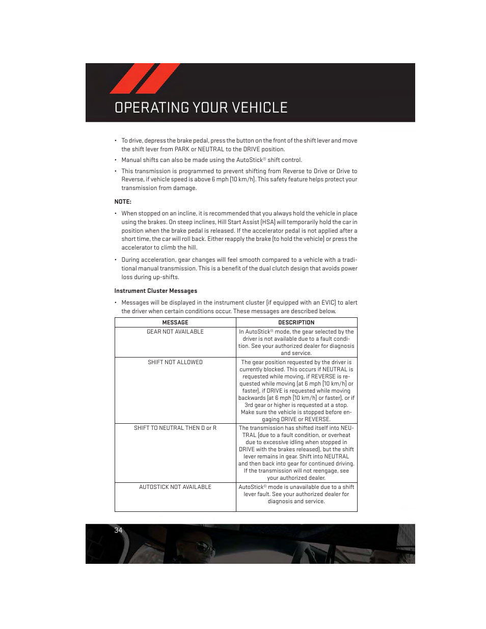 Instrument cluster messages, Operating your vehicle | Dodge 2013 Dart - User Guide User Manual | Page 36 / 132