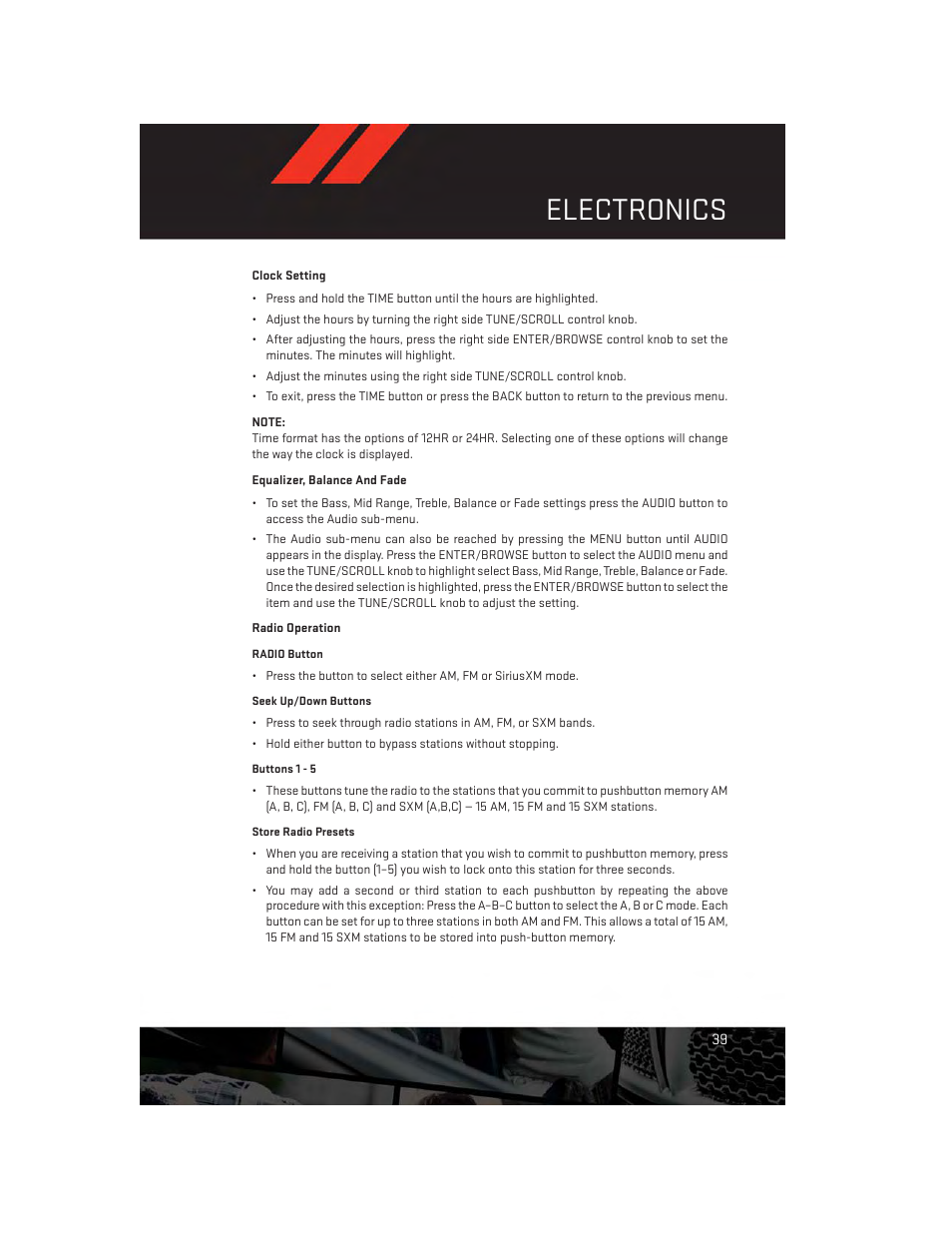 Clock setting, Equalizer, balance and fade, Radio operation | Electronics | Dodge 2013 Dart - User Guide User Manual | Page 41 / 132