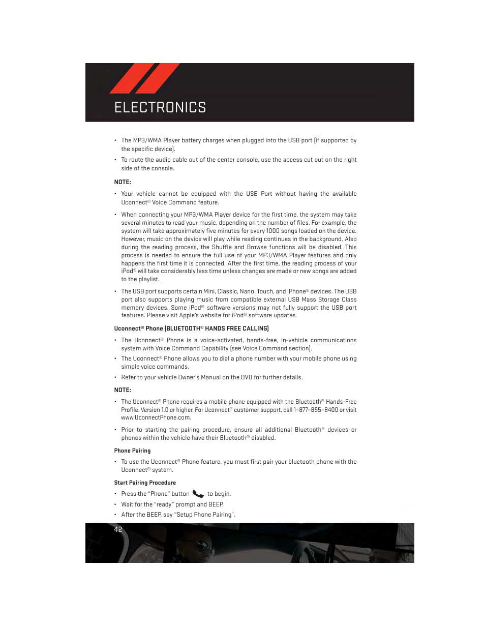 Uconnect® phone (bluetooth® hands free calling), Electronics | Dodge 2013 Dart - User Guide User Manual | Page 44 / 132