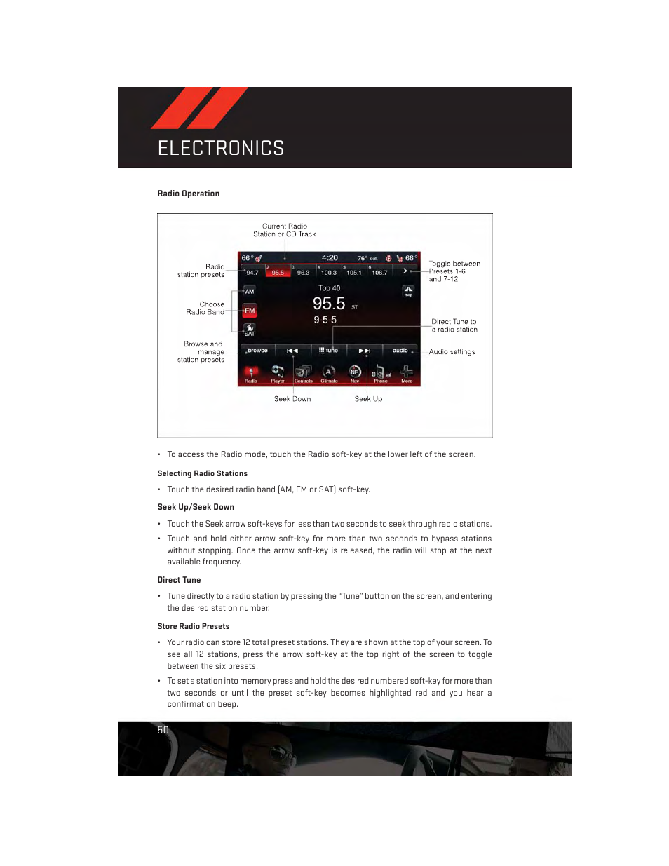 Radio operation, Electronics | Dodge 2013 Dart - User Guide User Manual | Page 52 / 132