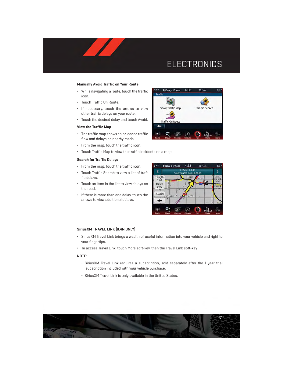 Siriusxm travel link (8.4n only), Electronics | Dodge 2013 Dart - User Guide User Manual | Page 63 / 132