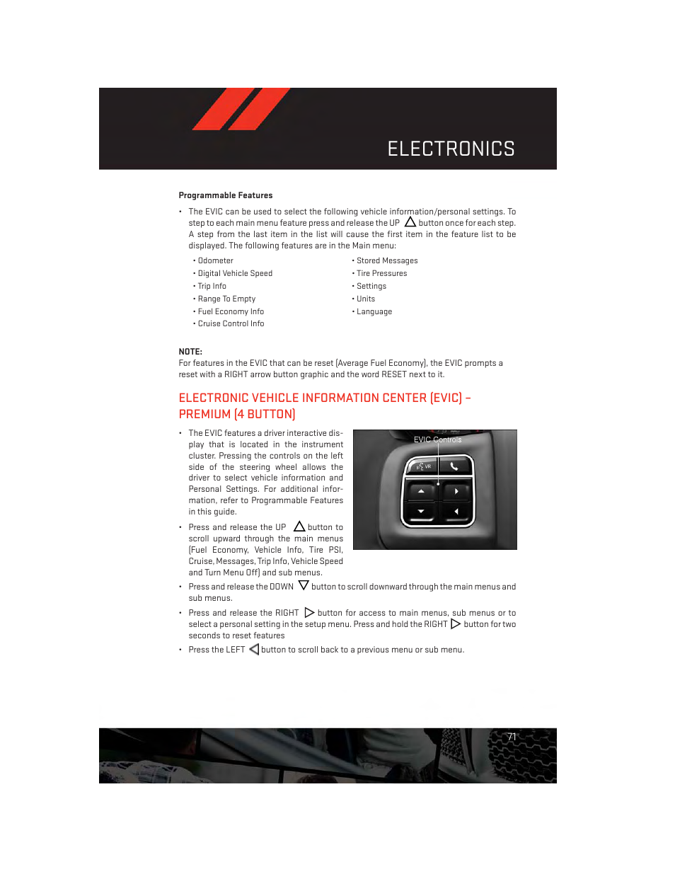 Programmable features, Electronics | Dodge 2013 Dart - User Guide User Manual | Page 73 / 132