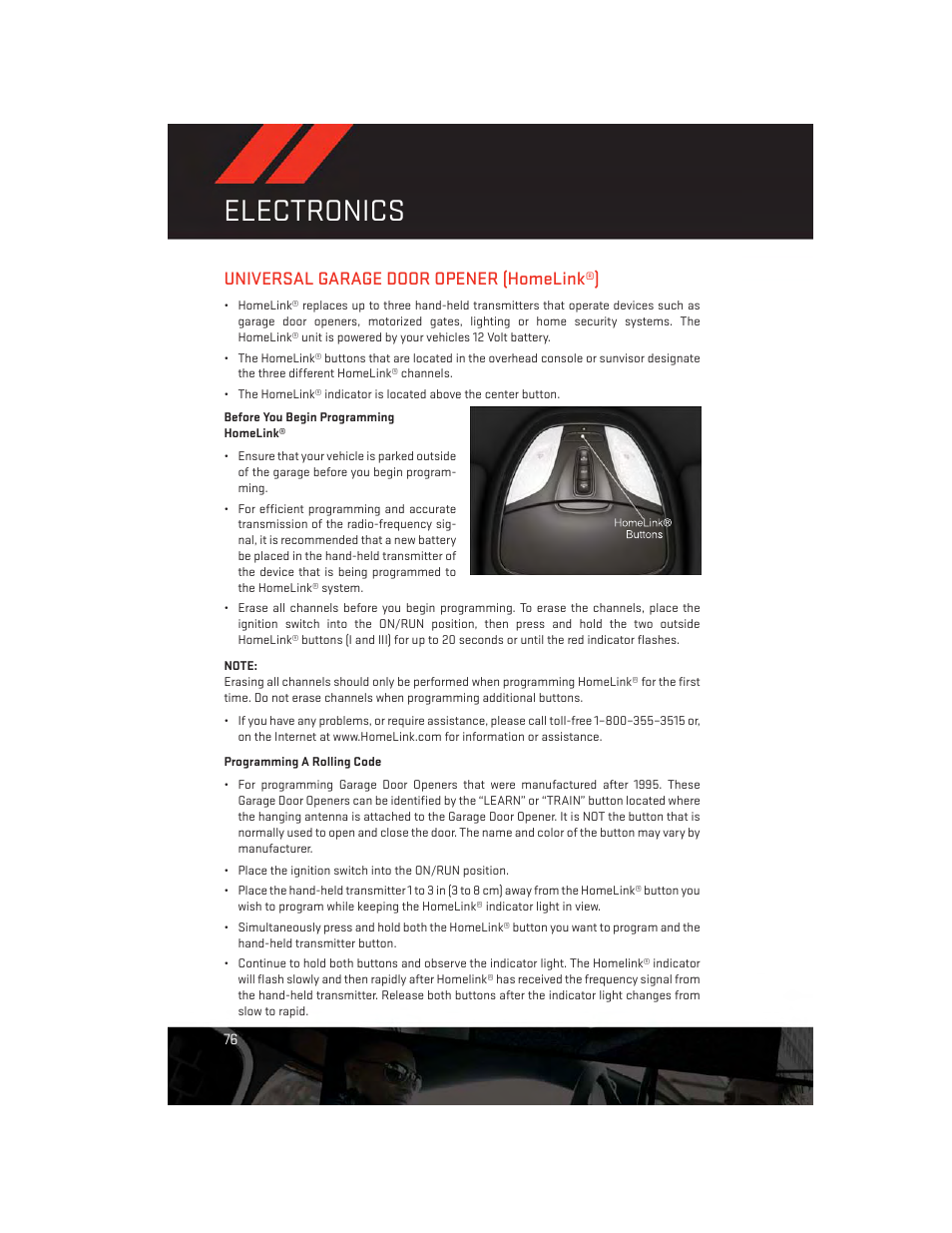 Universal garage door opener (homelink®), Before you begin programming homelink, Programming a rolling code | Electronics | Dodge 2013 Dart - User Guide User Manual | Page 78 / 132