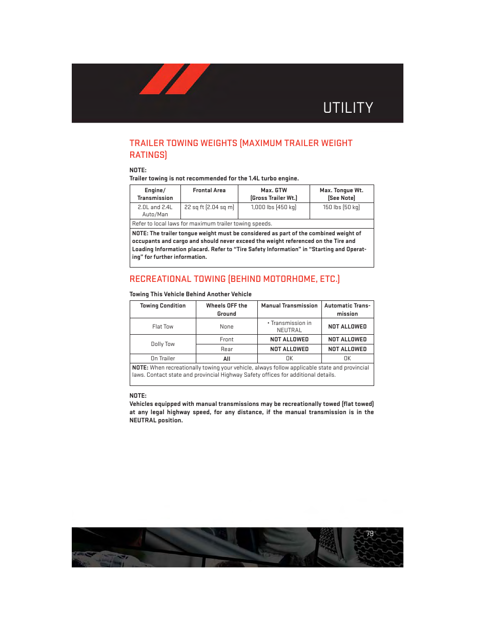 Utility, Recreational towing (behind motorhome, etc.), Towing this vehicle behind another vehicle | Dodge 2013 Dart - User Guide User Manual | Page 81 / 132