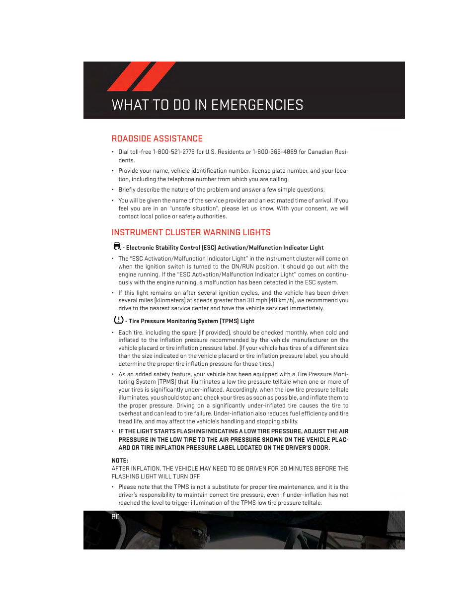 What to do in emergencies, Roadside assistance, Instrument cluster warning lights | Tire pressure monitoring system (tpms) light | Dodge 2013 Dart - User Guide User Manual | Page 82 / 132