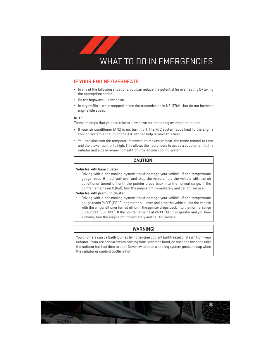 If your engine overheats, What to do in emergencies | Dodge 2013 Dart - User Guide User Manual | Page 87 / 132