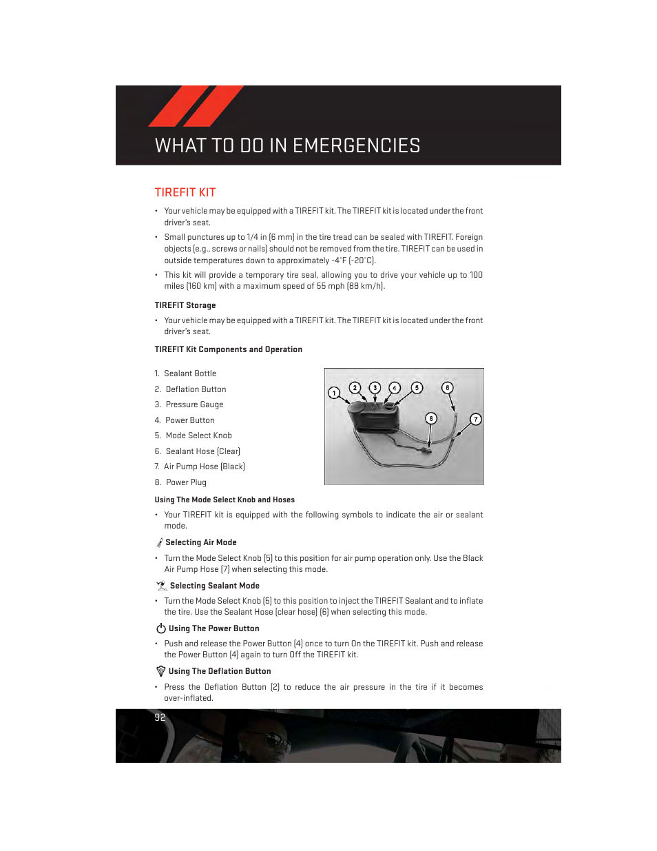 Tirefit kit, Tirefit storage, Tirefit kit components and operation | What to do in emergencies | Dodge 2013 Dart - User Guide User Manual | Page 94 / 132