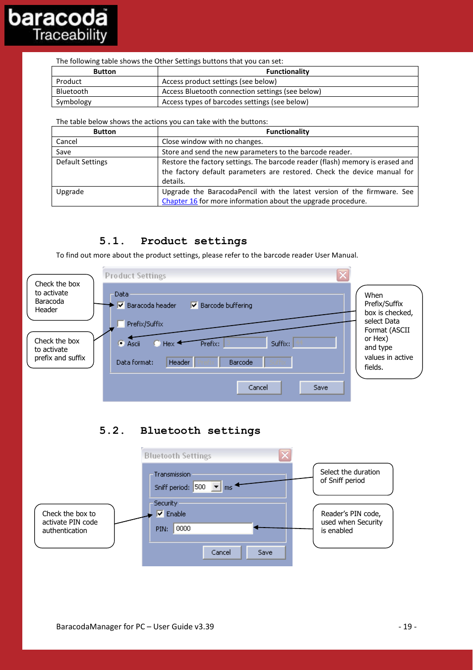 Roduct settings, Luetooth settings, Product settings | Bluetooth settings | Baracoda Bluetooth Headset User Manual | Page 19 / 75