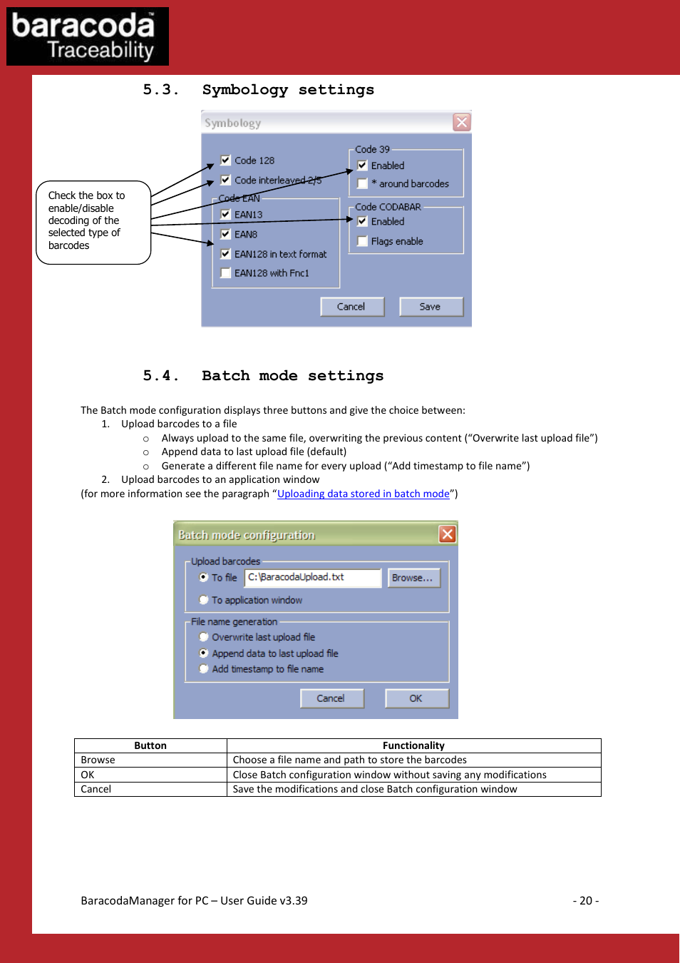 Ymbology settings, Atch mode settings, Symbology settings | Batch mode settings | Baracoda Bluetooth Headset User Manual | Page 20 / 75