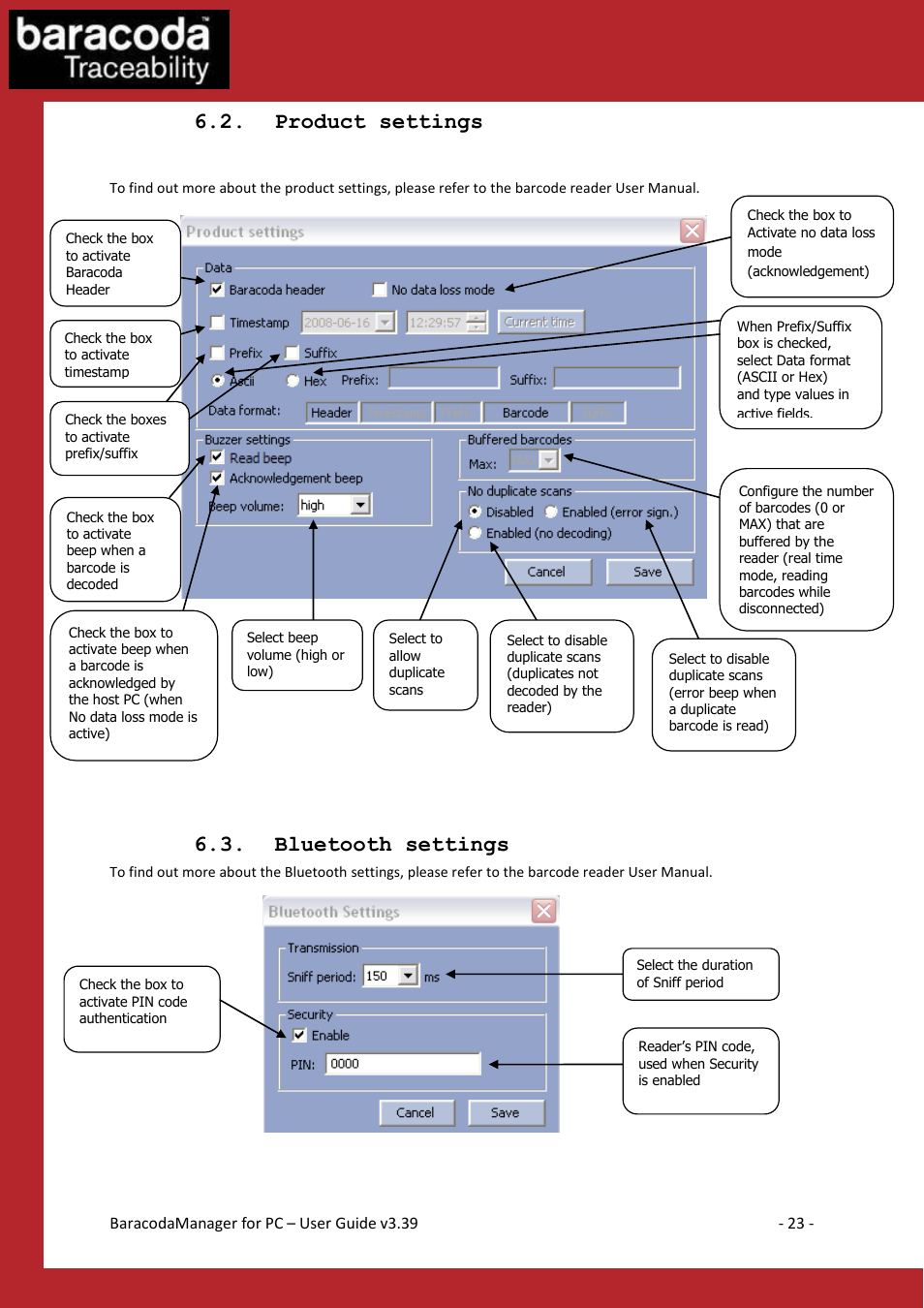 Roduct settings, Luetooth settings, Product settings | Bluetooth settings | Baracoda Bluetooth Headset User Manual | Page 23 / 75