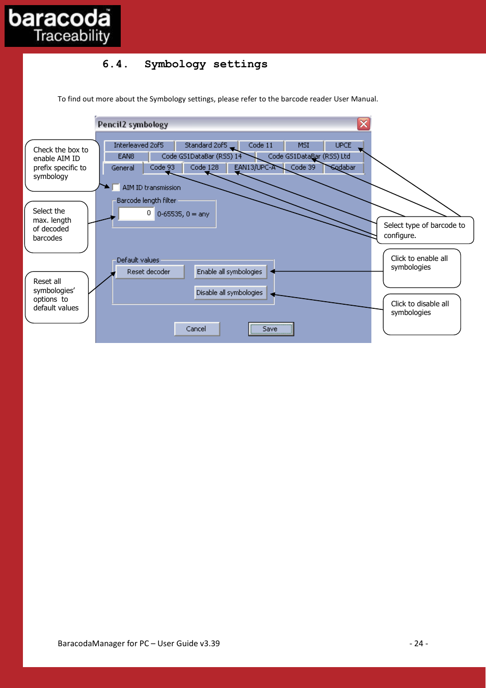 Ymbology settings, Symbology settings | Baracoda Bluetooth Headset User Manual | Page 24 / 75