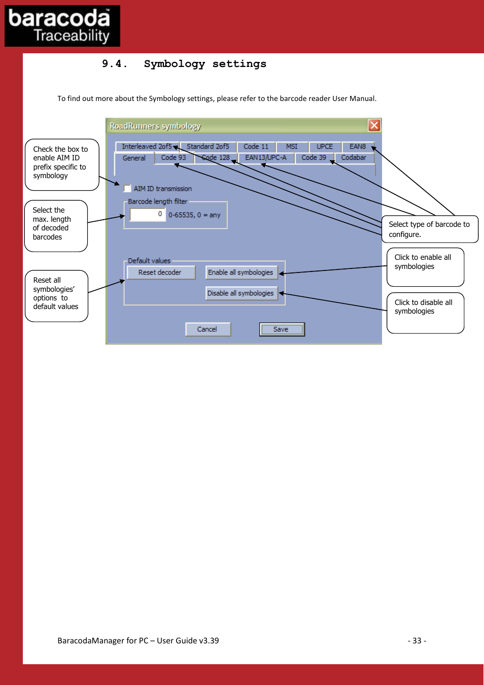 Ymbology settings, Symbology settings | Baracoda Bluetooth Headset User Manual | Page 33 / 75