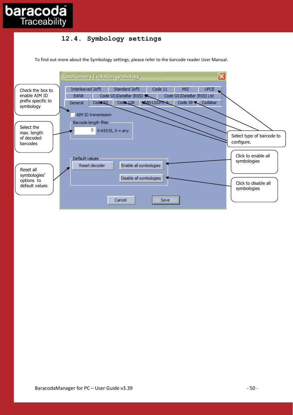 Ymbology settings, Symbology settings | Baracoda Bluetooth Headset User Manual | Page 50 / 75