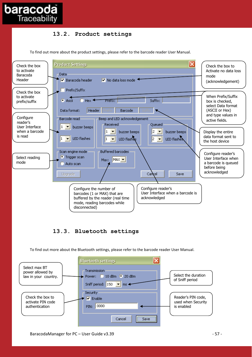 Roduct settings, Luetooth settings, Product settings | Bluetooth settings | Baracoda Bluetooth Headset User Manual | Page 57 / 75