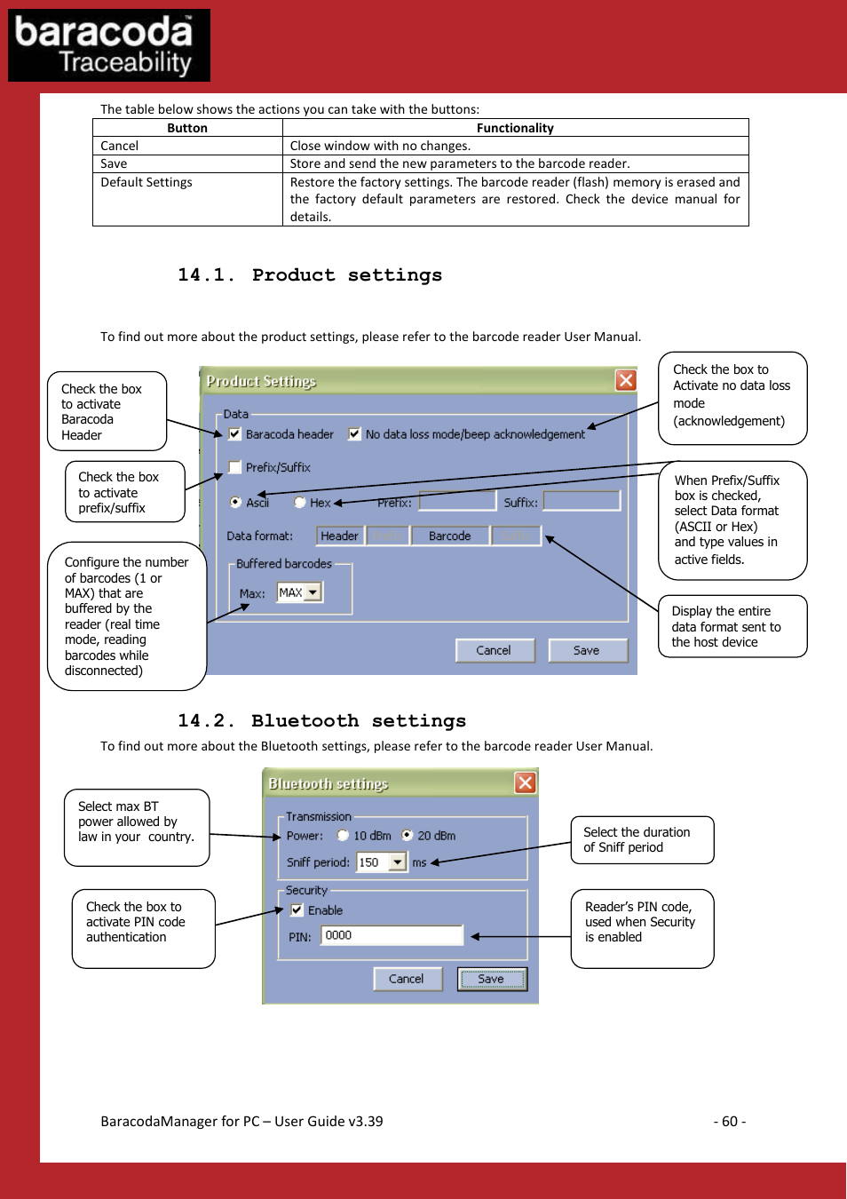 Roduct settings, Luetooth settings, Product settings | Bluetooth settings | Baracoda Bluetooth Headset User Manual | Page 60 / 75
