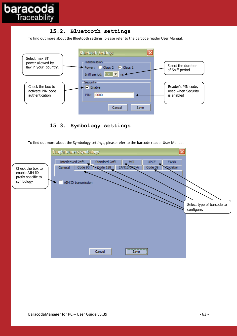 Luetooth settings, Ymbology settings, Bluetooth settings | Symbology settings | Baracoda Bluetooth Headset User Manual | Page 63 / 75