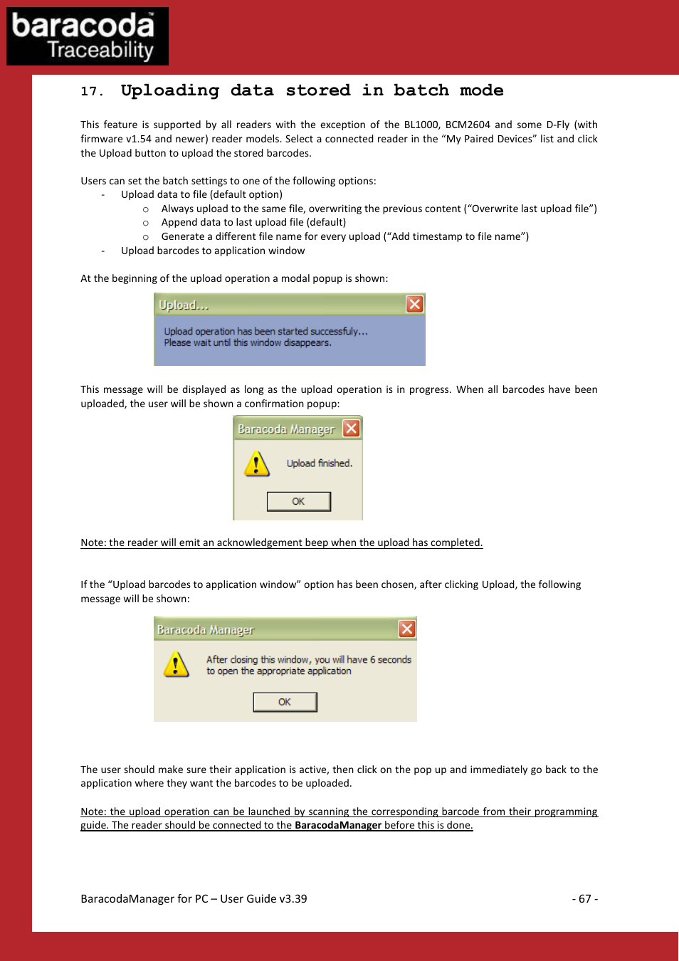 Uploading data stored in batch mode, Uploading data | Baracoda Bluetooth Headset User Manual | Page 67 / 75
