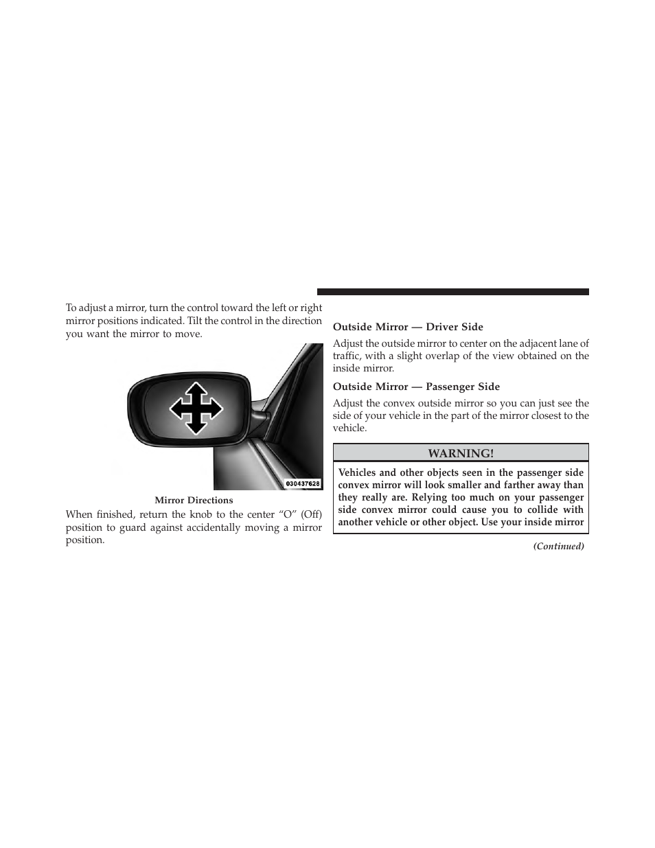 Adjusting side view mirrors, Outside mirror — driver side, Outside mirror — passenger side | Dodge 2013 Avenger - Owner Manual User Manual | Page 112 / 519