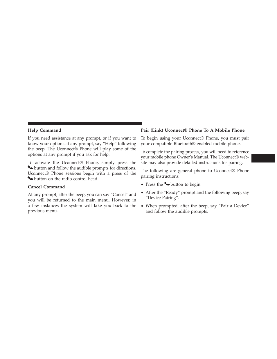 Help command, Cancel command, Pair (link) uconnect® phone to a mobile phone | Dodge 2013 Avenger - Owner Manual User Manual | Page 117 / 519