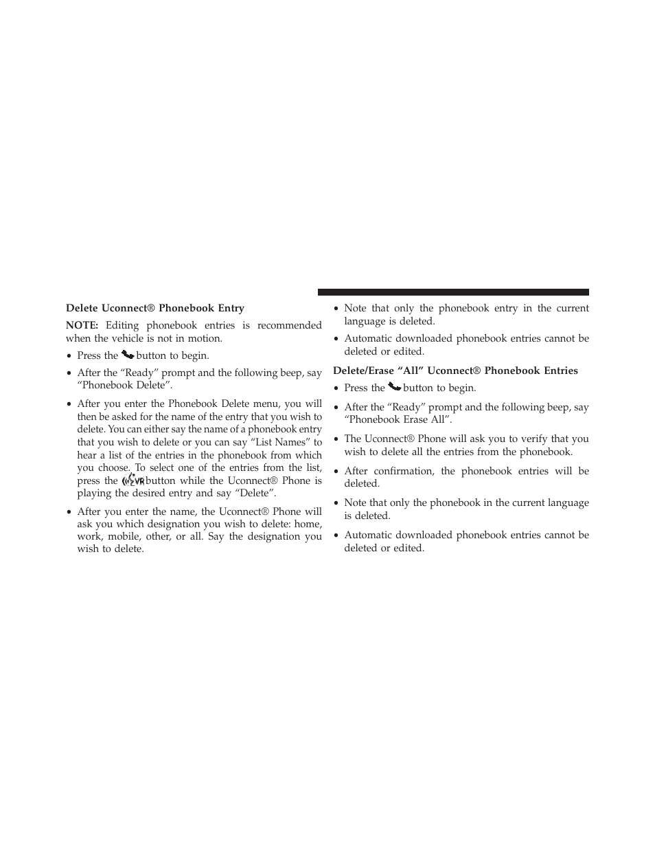 Delete uconnect® phonebook entry, Delete/erase “all” uconnect® phonebook entries | Dodge 2013 Avenger - Owner Manual User Manual | Page 122 / 519