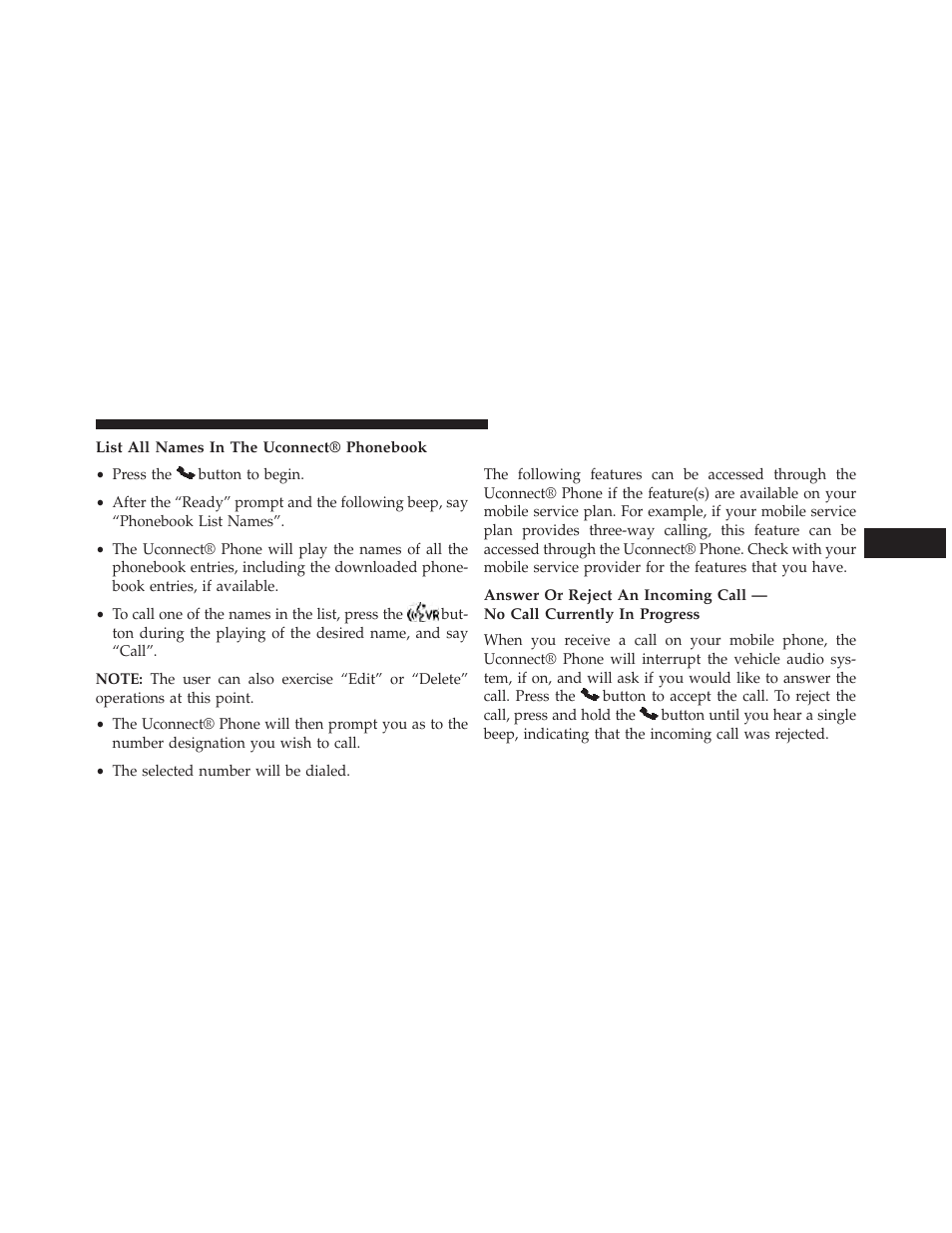 List all names in the uconnect® phonebook, Phone call features | Dodge 2013 Avenger - Owner Manual User Manual | Page 123 / 519