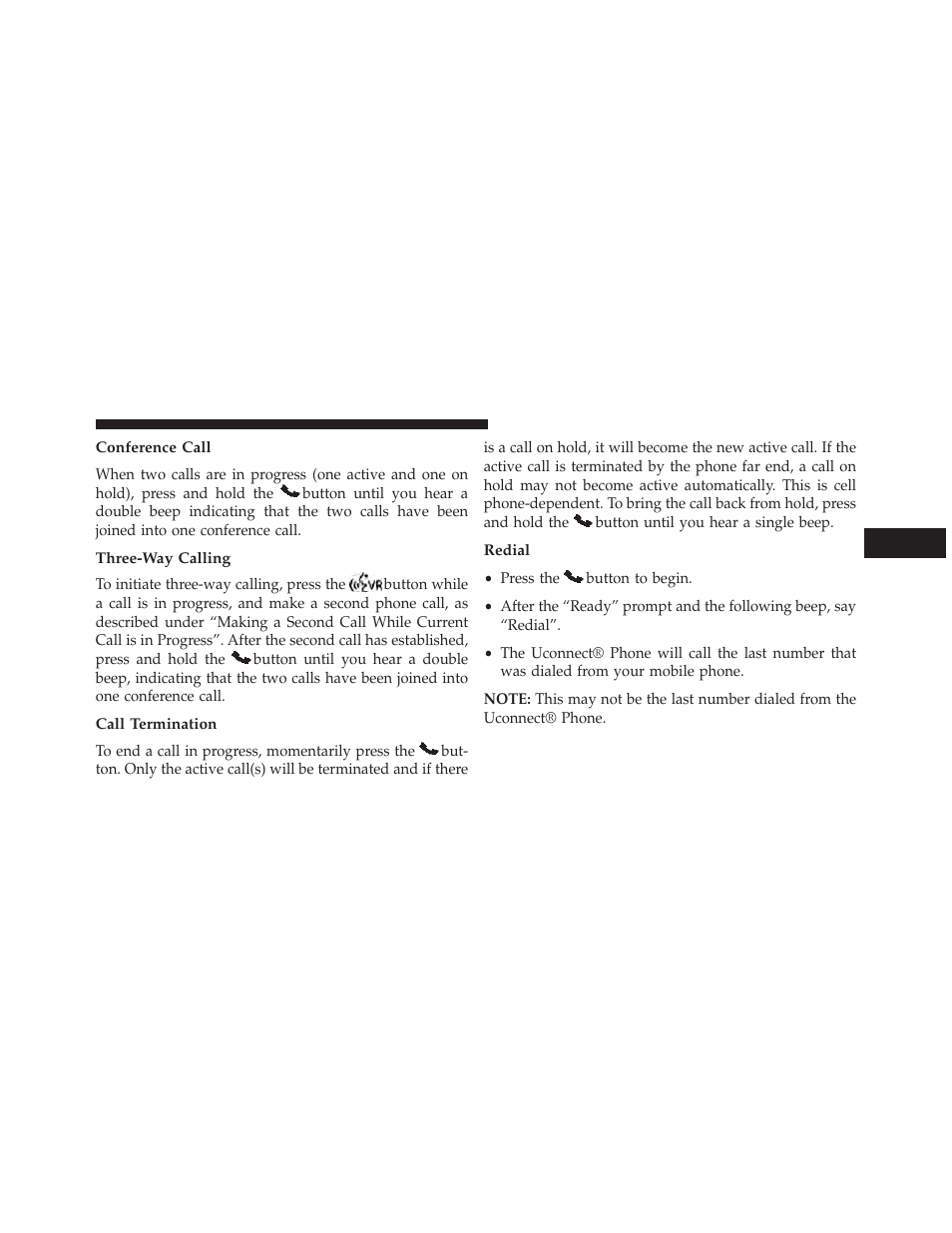 Conference call, Three-way calling, Call termination | Redial | Dodge 2013 Avenger - Owner Manual User Manual | Page 125 / 519