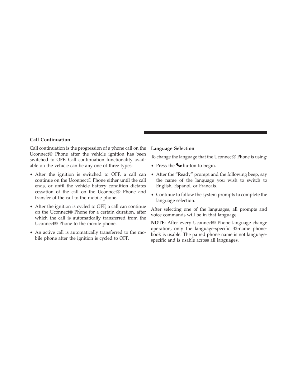 Call continuation, Uconnect® phone features, Language selection | Dodge 2013 Avenger - Owner Manual User Manual | Page 126 / 519