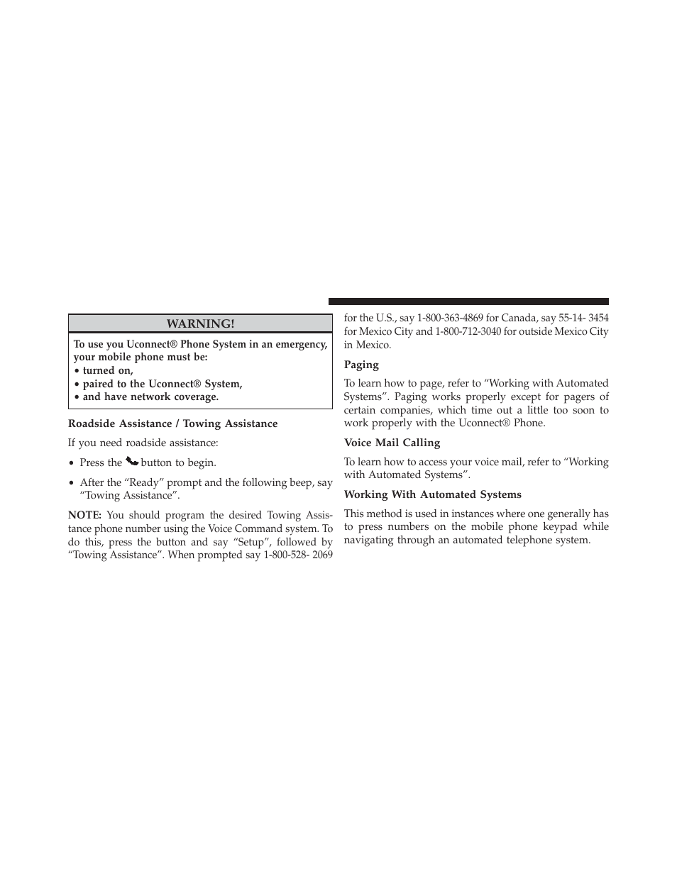 Roadside assistance / towing assistance, Paging, Voice mail calling | Working with automated systems | Dodge 2013 Avenger - Owner Manual User Manual | Page 128 / 519