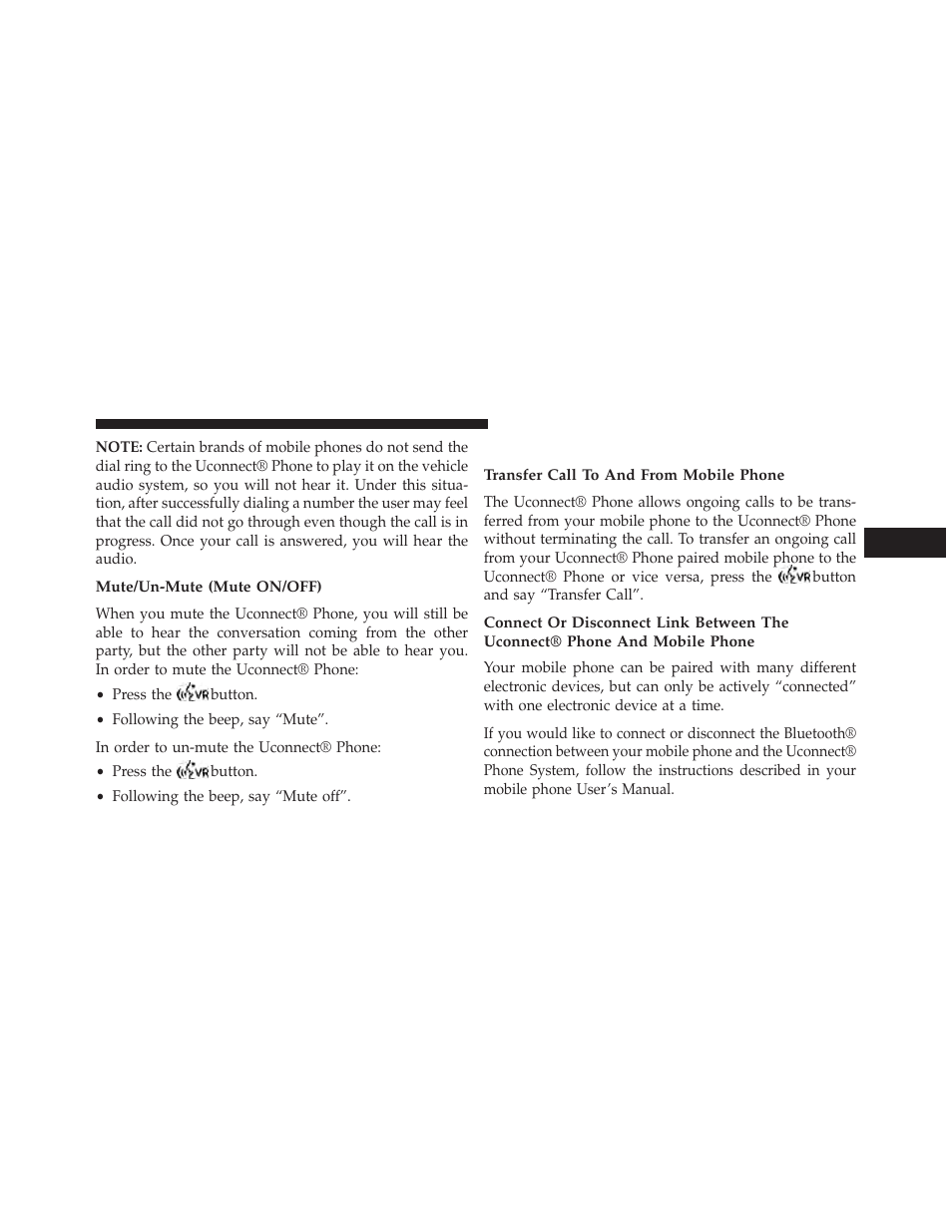 Mute/un-mute (mute on/off), Advanced phone connectivity, Transfer call to and from mobile phone | Dodge 2013 Avenger - Owner Manual User Manual | Page 131 / 519