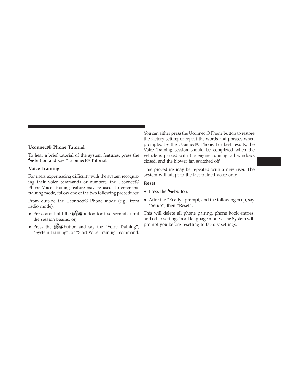 Things you should know about your uconnect® phone, Uconnect® phone tutorial, Voice training | Reset, Things you should know about your, Uconnect® phone | Dodge 2013 Avenger - Owner Manual User Manual | Page 133 / 519