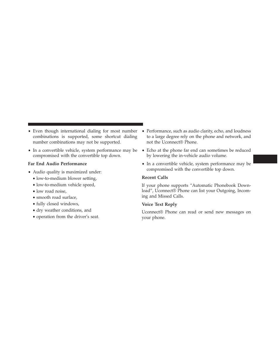 Far end audio performance, Recent calls, Voice text reply | Dodge 2013 Avenger - Owner Manual User Manual | Page 135 / 519